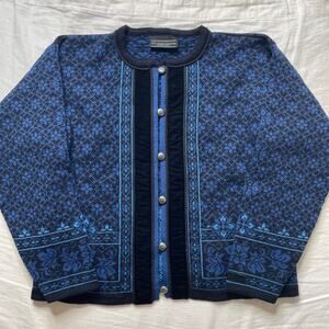Dale of Norway Blue Cardigan Sweater Sz Large Wool Norwegian Chunky Cozy
